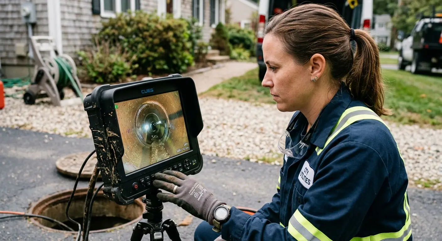 Technician reviewing sewer camera inspection footage in West Richland