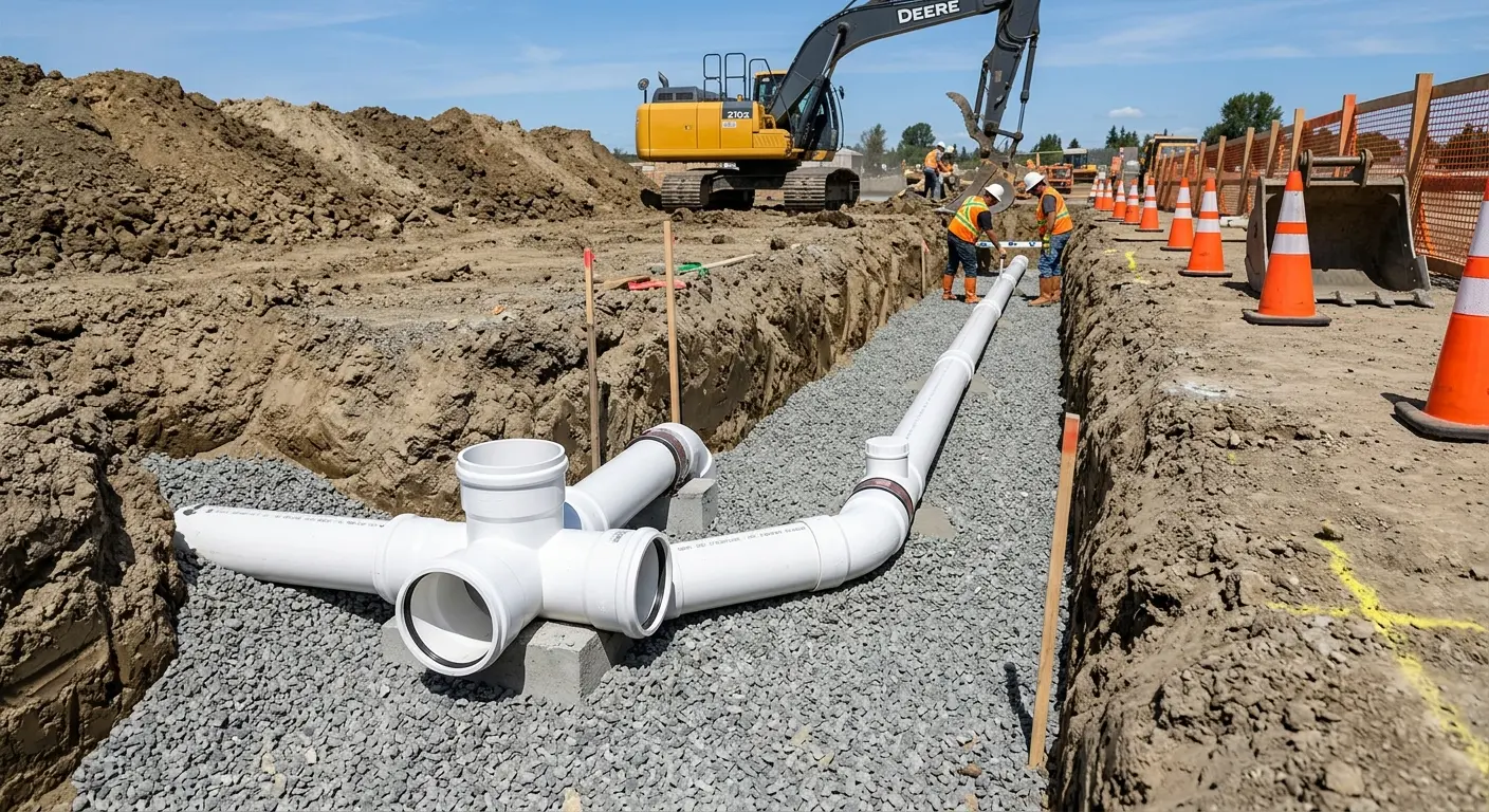 New PVC sewer pipe installation in open trench for Grease Trap Cleaning in West Richland