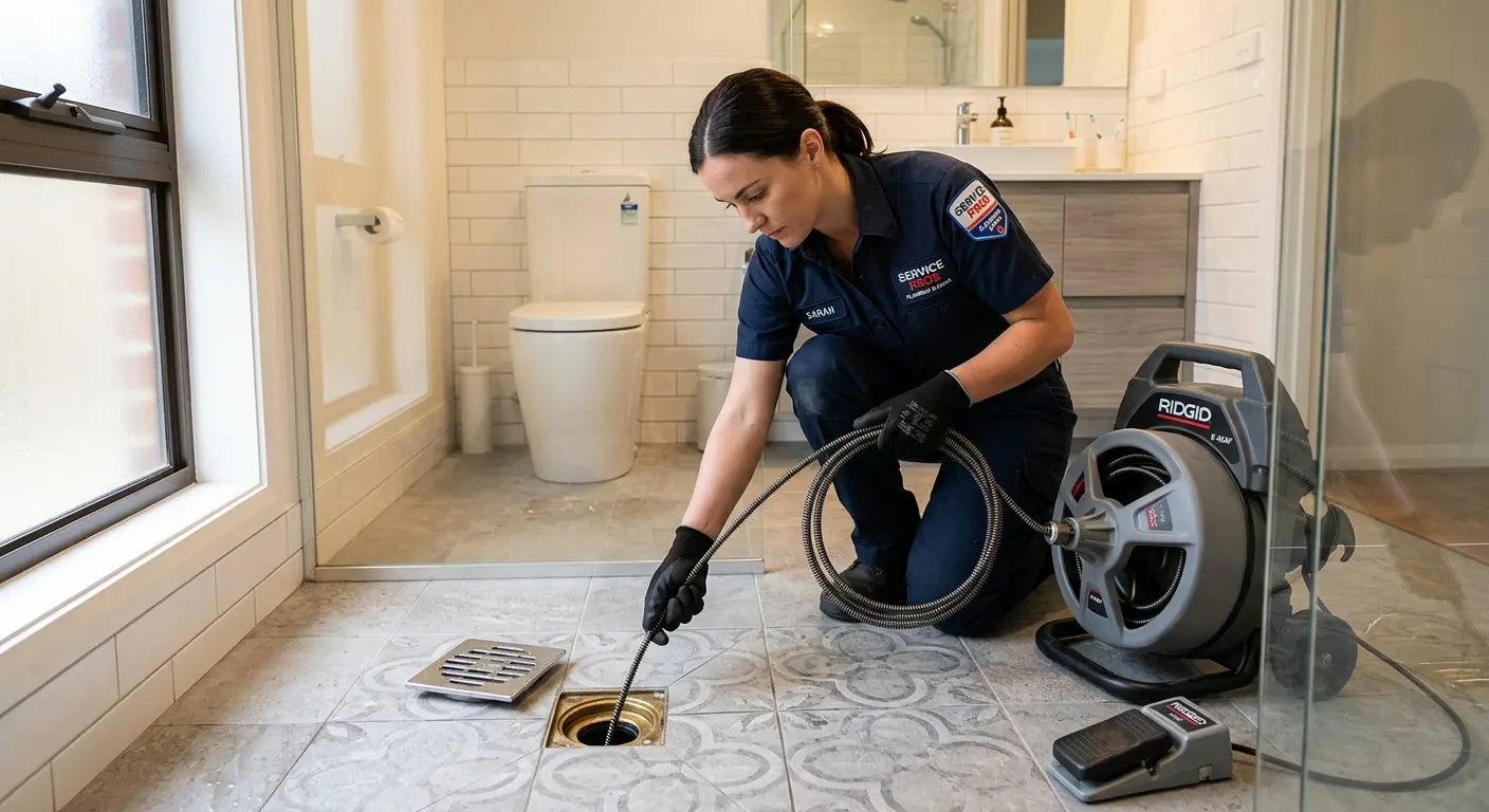 Technician clearing a bathroom floor drain for Hydro Jetting in West Richland